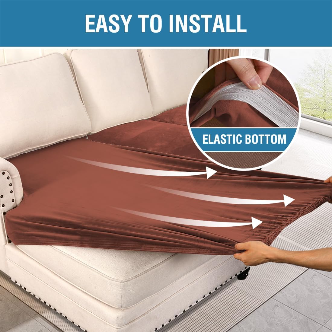 H.VERSAILTEX Velvet Stretch Sectional Couch Covers 4 Pieces Sofa Seat Cushion Covers L Shape Separate Cushion Couch Cover for Both Left/Right Sectional Couch (Large Sofa 3 Seater + 1 Chaise, Rust)