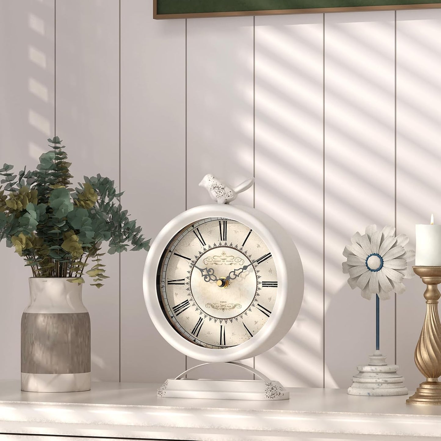 Vintage Table Clock with Bird, European Antique Style White Mantel Clocks, Desk and Shelf Decor Clock, for Farmhouse, Bedside, Living Room, Bedroom, Gift (9" H x 6.5" W)