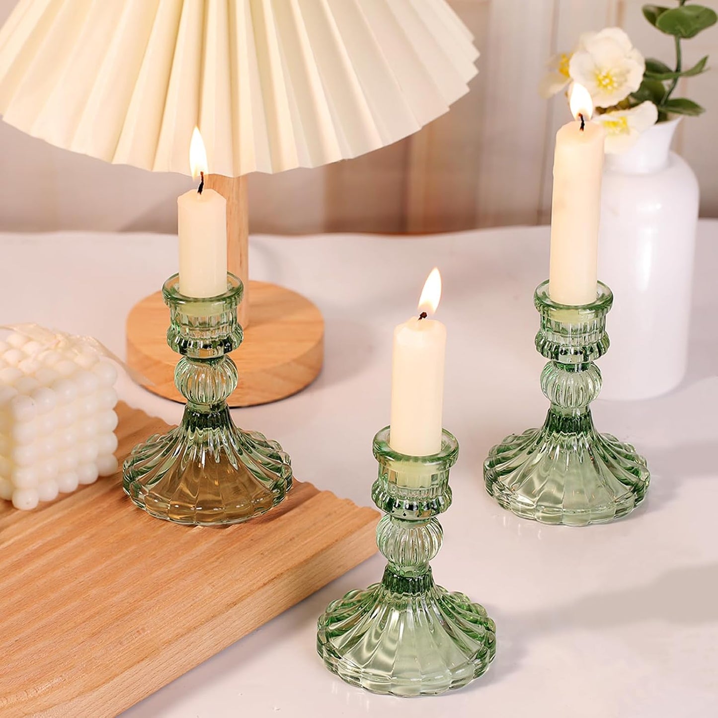 12PCS Green Candlestick Holders Set- 4" H Taper Candle Holders, Glass Candle Holders Bulk for Wedding, Party, Home Table Centerpieces, Festival Gifts & Windowsill Decor