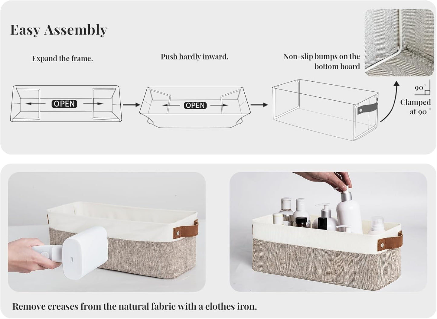 StorageWorks Narrow Storage Bins, Small Baskets for Organizing, Long Storage Basket with Handles, Fabric Storage Bins for Shelf, Brown and White, 2-Pack