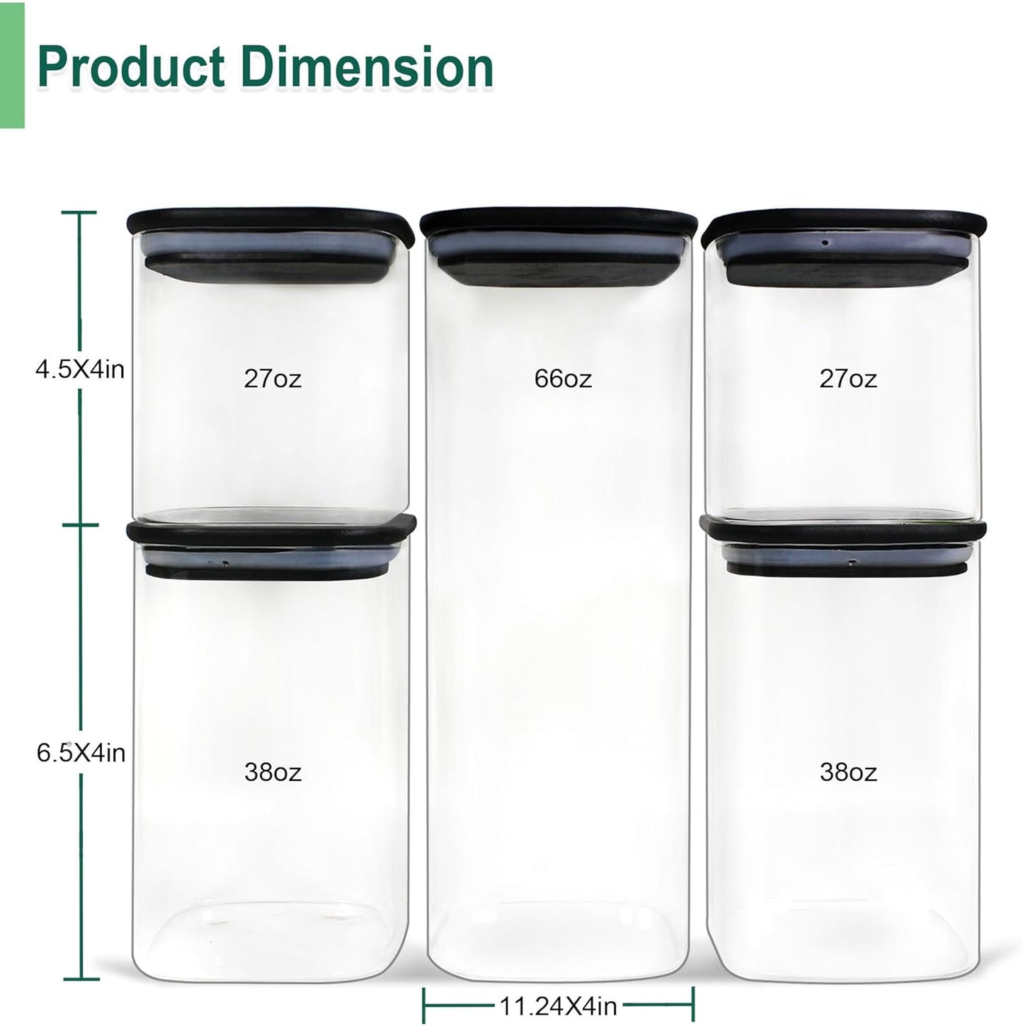 Urban Green Glass Jars with Black Bamboo Lids, food storage sets with airtight black lids, Glass Canisters Sets, Kitchen Organizing Jars (5 Sets of 27oz, 38oz, 66oz)