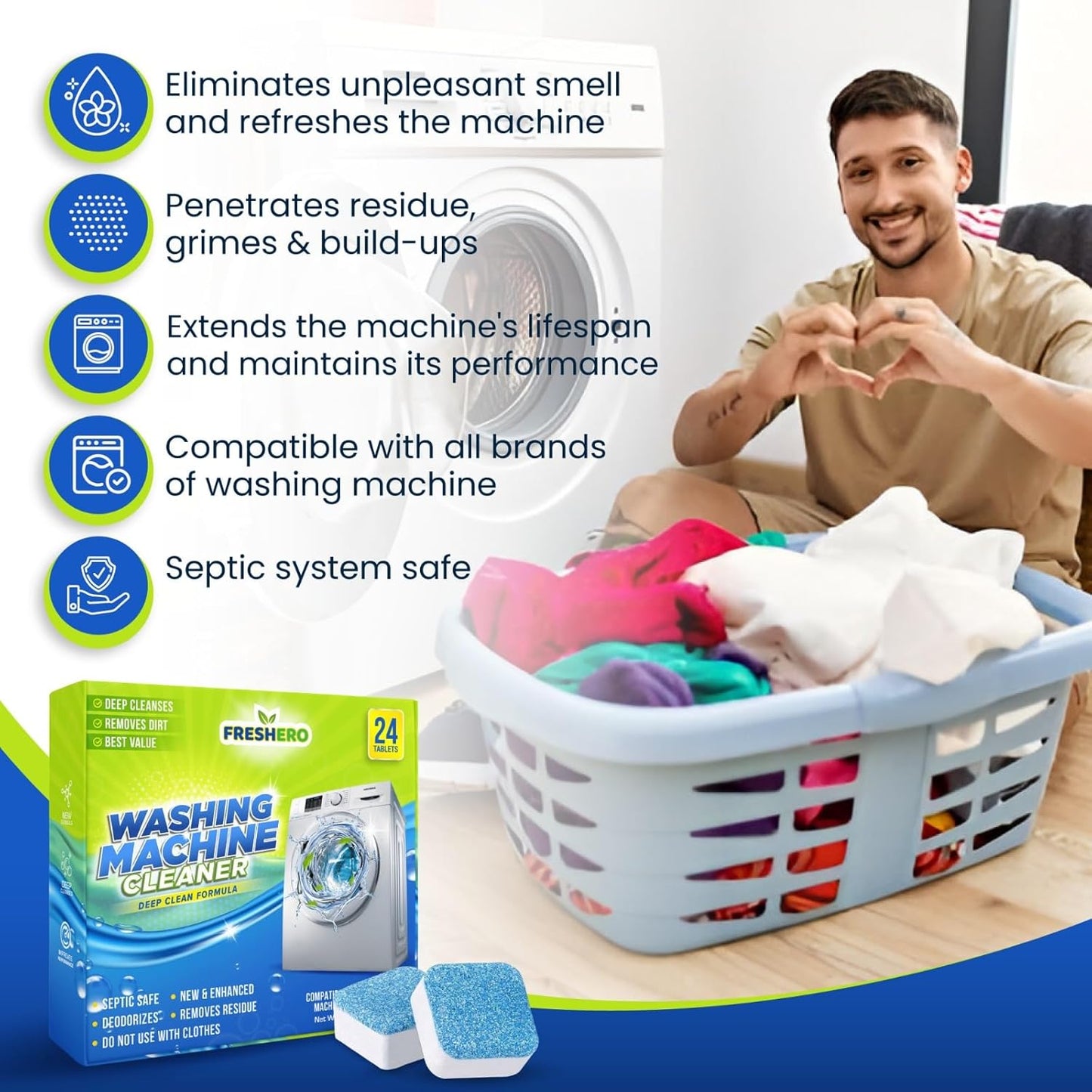 Washing Machine & Dishwasher Cleaner Tablets, 50 Count, Unscented, Compatible with Front/Top Loader & HE Washers, Removes Residue, Stains, Grime & Limescale, 12-Month Supply