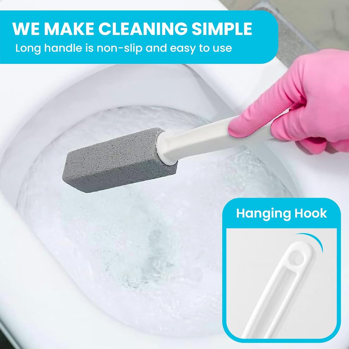 Pumice Stone Toilet Bowl Cleaner | Long Handle & Eco-friendly Screw-on Pumice Stones | Scouring Stick for Toilet Cleaning, Stain Removal on Toilets, Grills, Tiles, Grout & Pools | 6 Pack