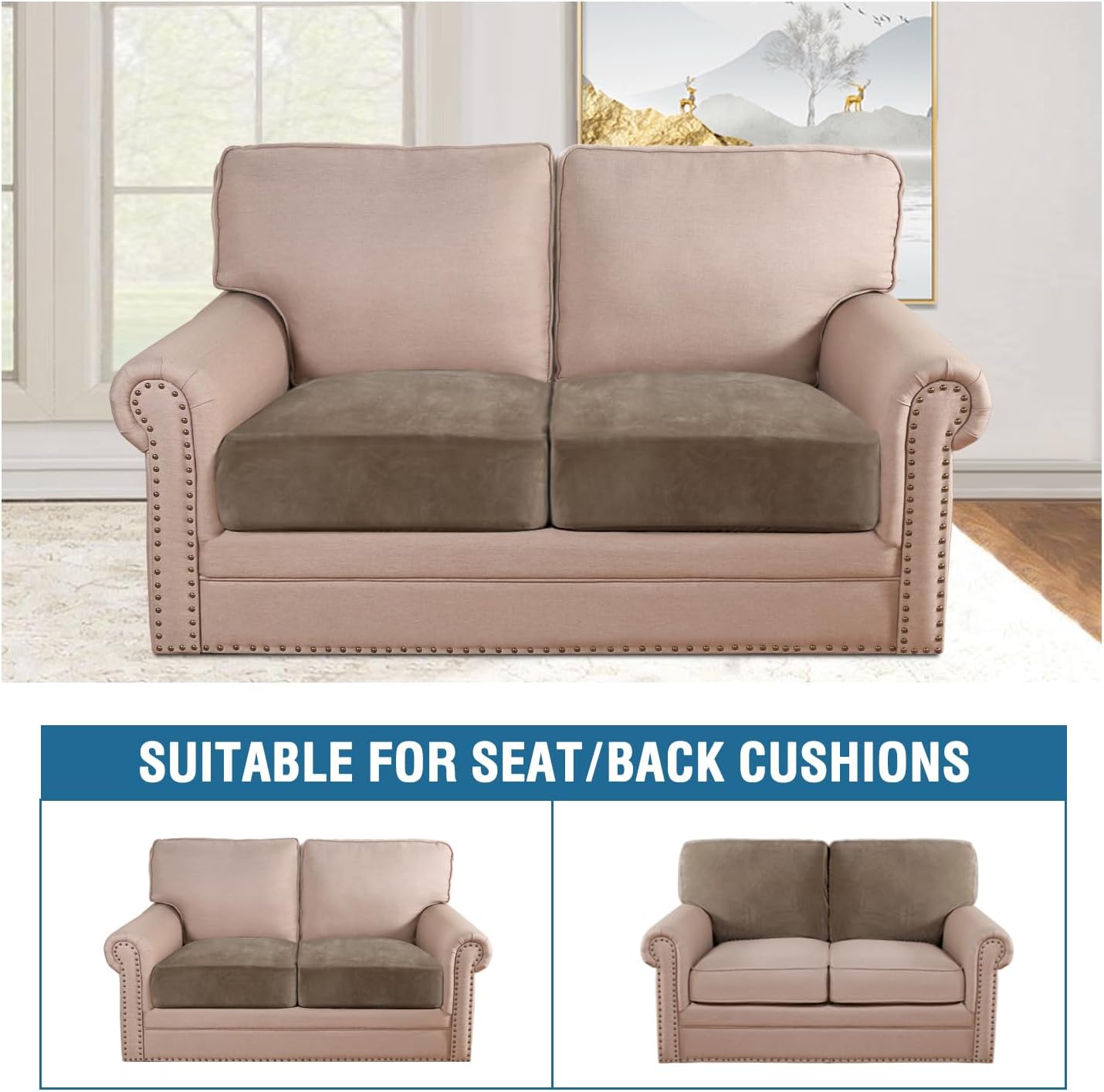 H.VERSAILTEX Velvet Stretch Couch Cushion Cover Plush Cushion Slipcover for Chair Loveseat Sofa Cushion Furniture Protector Seat Cushion Sofa Cover (2 Piece Medium Sofa Cushion Covers, Mocha)