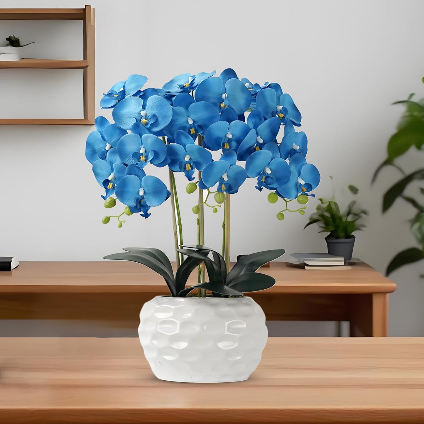 Orchid Artificial Flowers with White Vase Large Silk Faux Phalaenopsis Flowers for Dining Room Table Floral Centerpieces Indoor Decoration,Blue