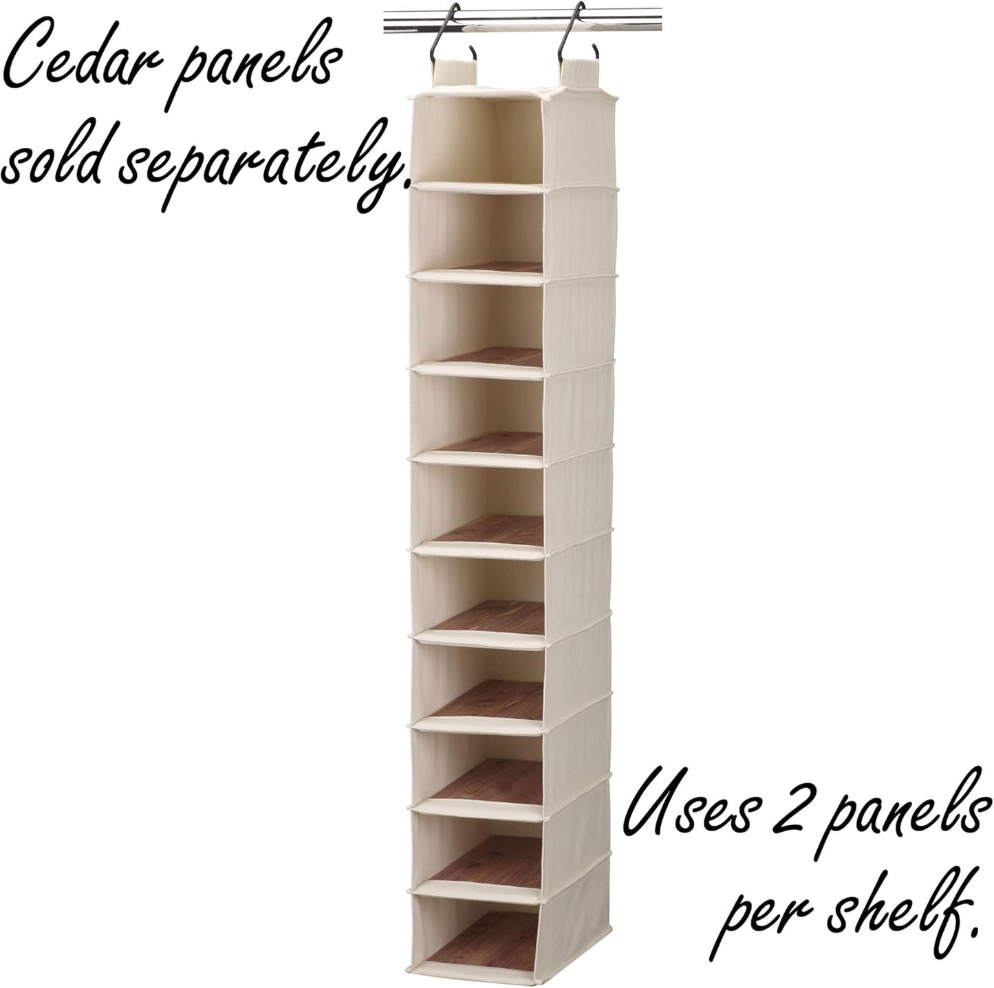 Household Essentials Hanging Shoe Organizer, 10 Wide Cubbies with Cedarline Pockets, Heavy-Duty Cotton Canvas, Removable and Industrial Hooks, Natural