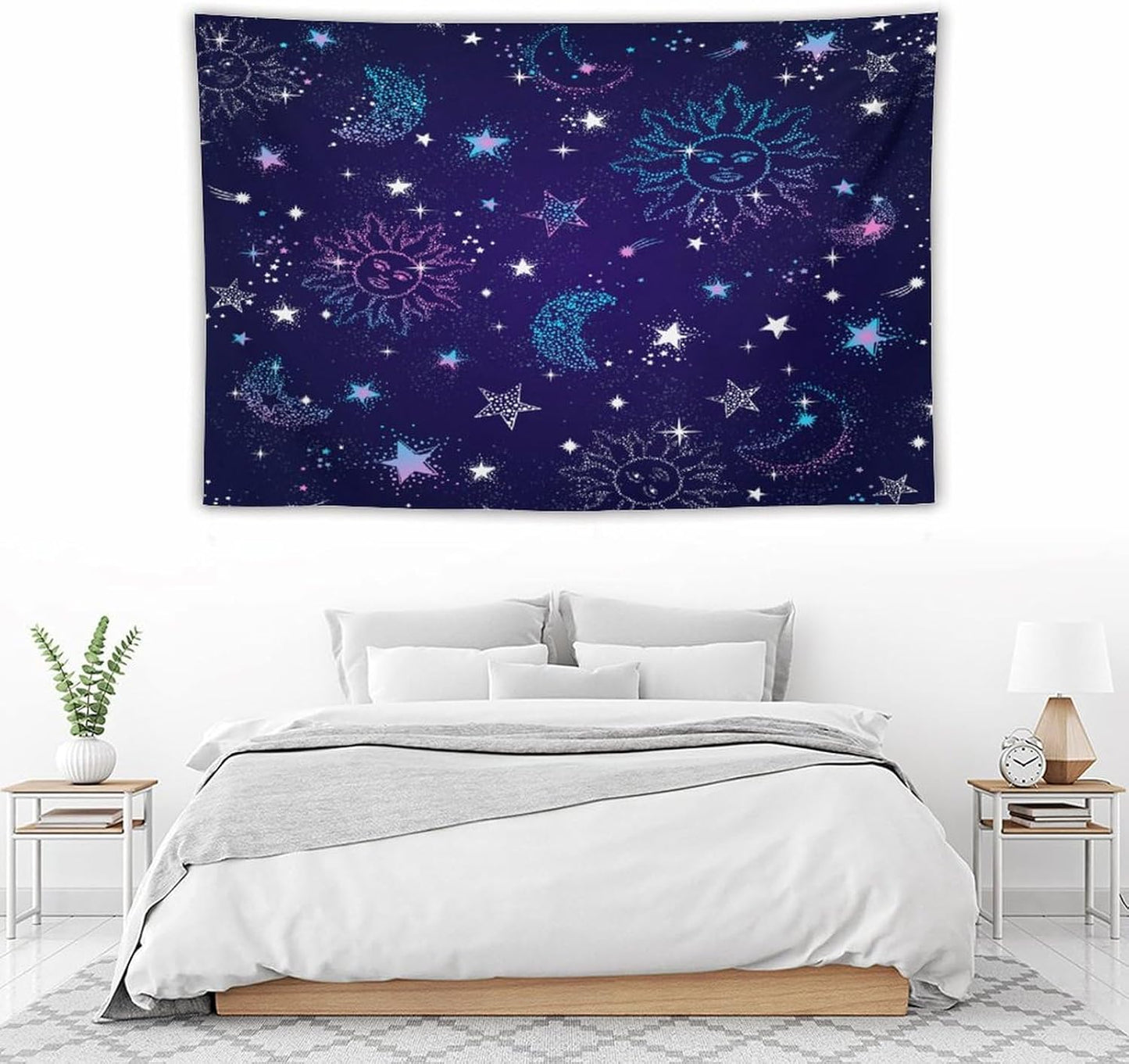 HZOHNAGO Boho Sun Moon Tapestry Purple Blue Sun Stars Galaxy Pattern Printed Wall Tapestry Wall Hanging for Bedroom Living Room Dorm 60" W x 40" H
