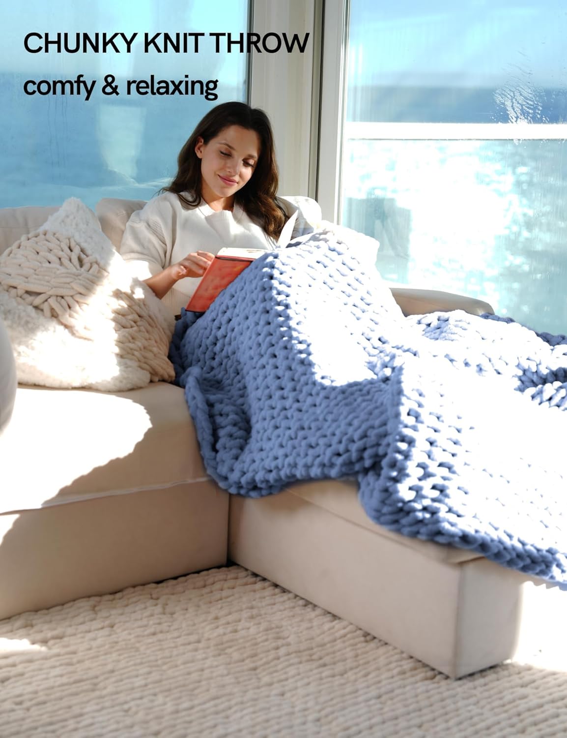 YnM Chunky Throw Blanket, Medium-Weight, Hand Knitted with Chenille Yarn, Skin Friendly, Ventilated and Breathable, Machine Washable, Home Décor Piece for Couch Sofa and Bed (Chambray Blue 50x60 Inch)