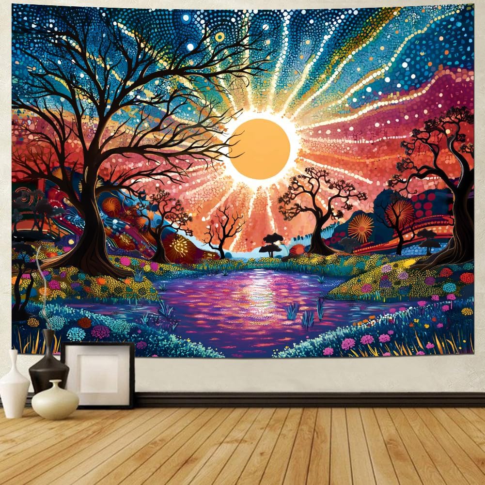 Serborlur Tree of Life Tapestry Trippy Sun Forest Tapestries Colorful Starry Sky Tapestries Hippie Nature Landscape Wall Tapestry Aesthetic Vintage Wall Hanging for Bedroom (51.2" × 59.1")