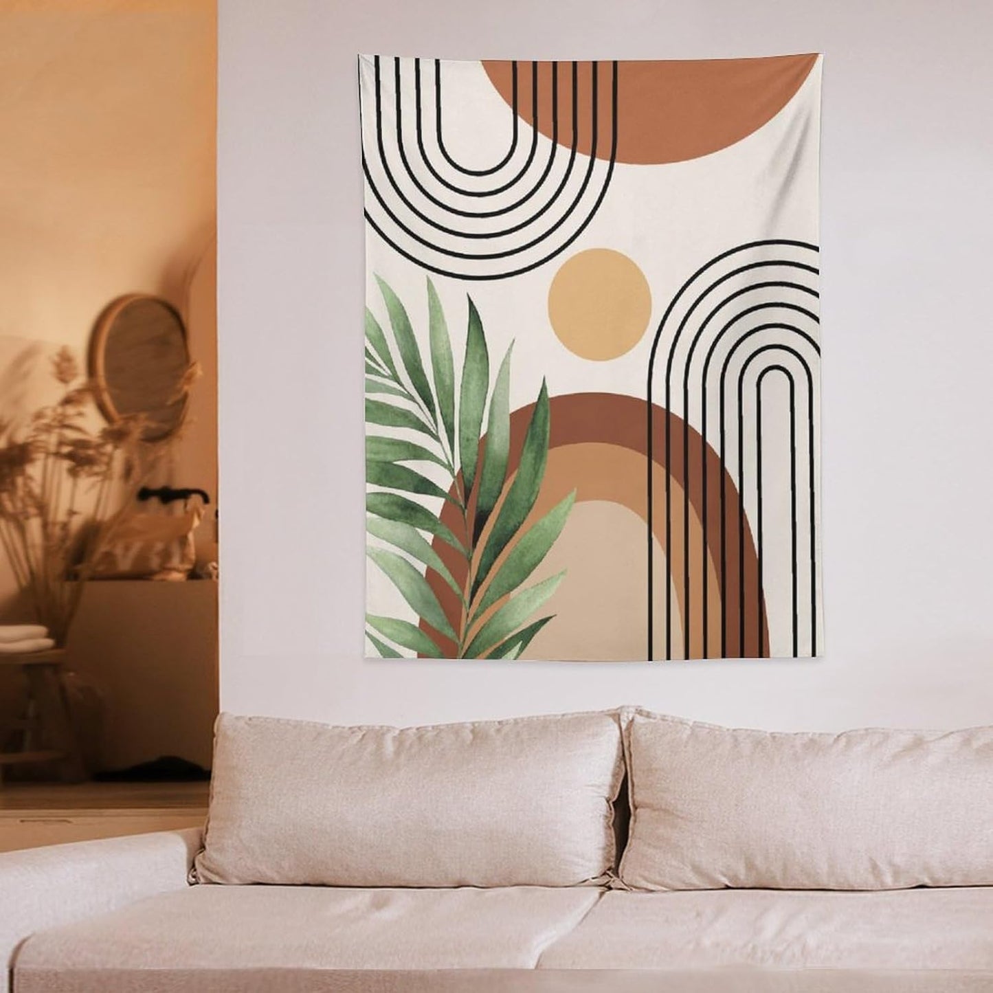 Abstract Bohemian Mid Century Tapestry, Tropical Leaves Modern Geometric Archway Minimalist Bohemian Botanical Aesthetic Wall Hanging, Sage Green Gold Home Decor Art for Bedroom 50x60 Inch