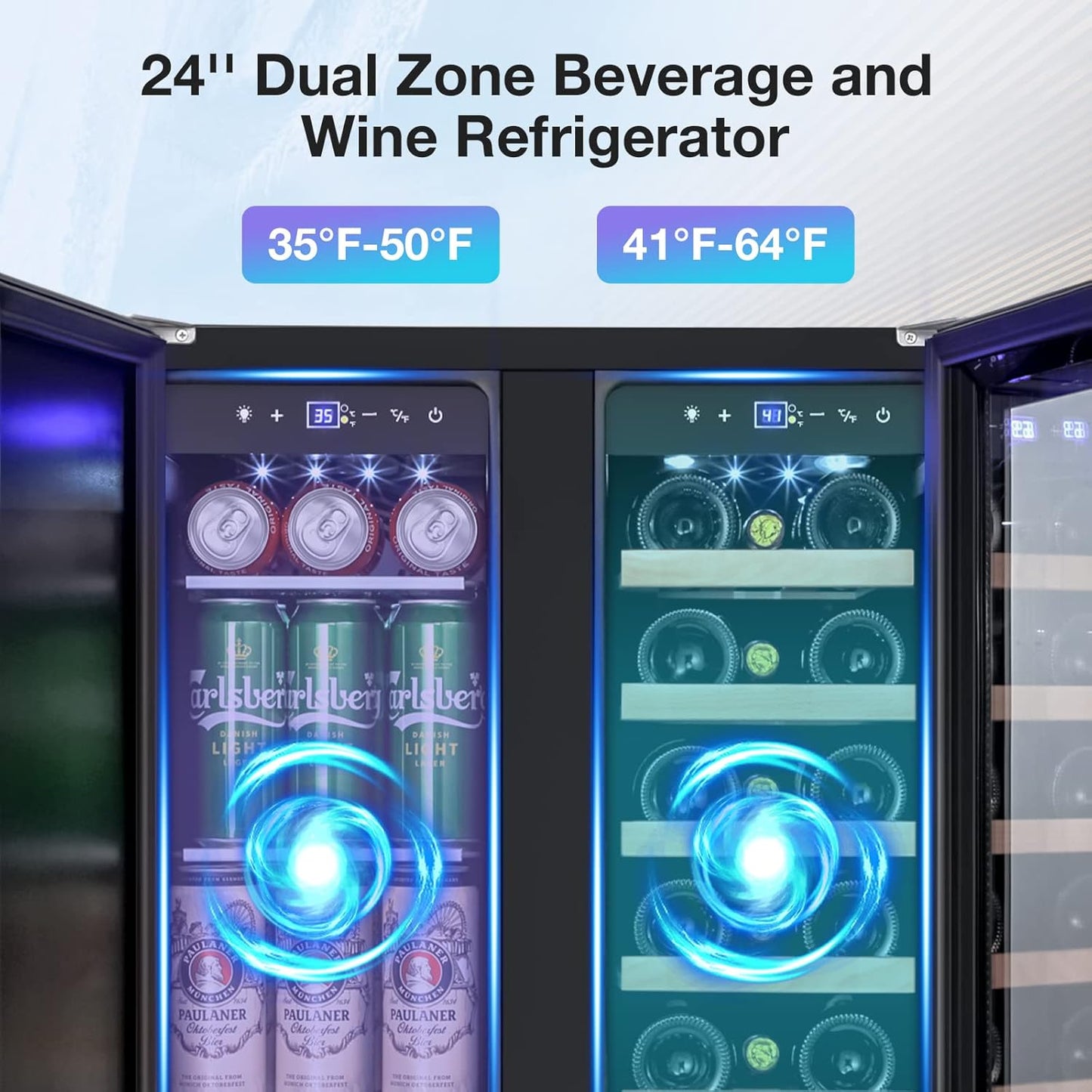 Tylza Wine and Beverage Refrigerator, 24 inch Dual Zone Wine Beverage Cooler Built-in and Freestanding, with Seamless Stainless Steel Door Quick Cooling Under Counter Beer Wine refrigerator