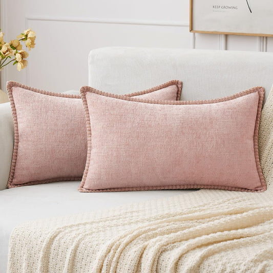MIULEE Pack of 2 Couch Throw Pillow Covers 12x20 Inch Pink Valentine Farmhouse Decorative Pillow Covers with Stitched Edge Soft Chenille Solid Dyed Spring Pillow Covers for Sofa Bed Living Room