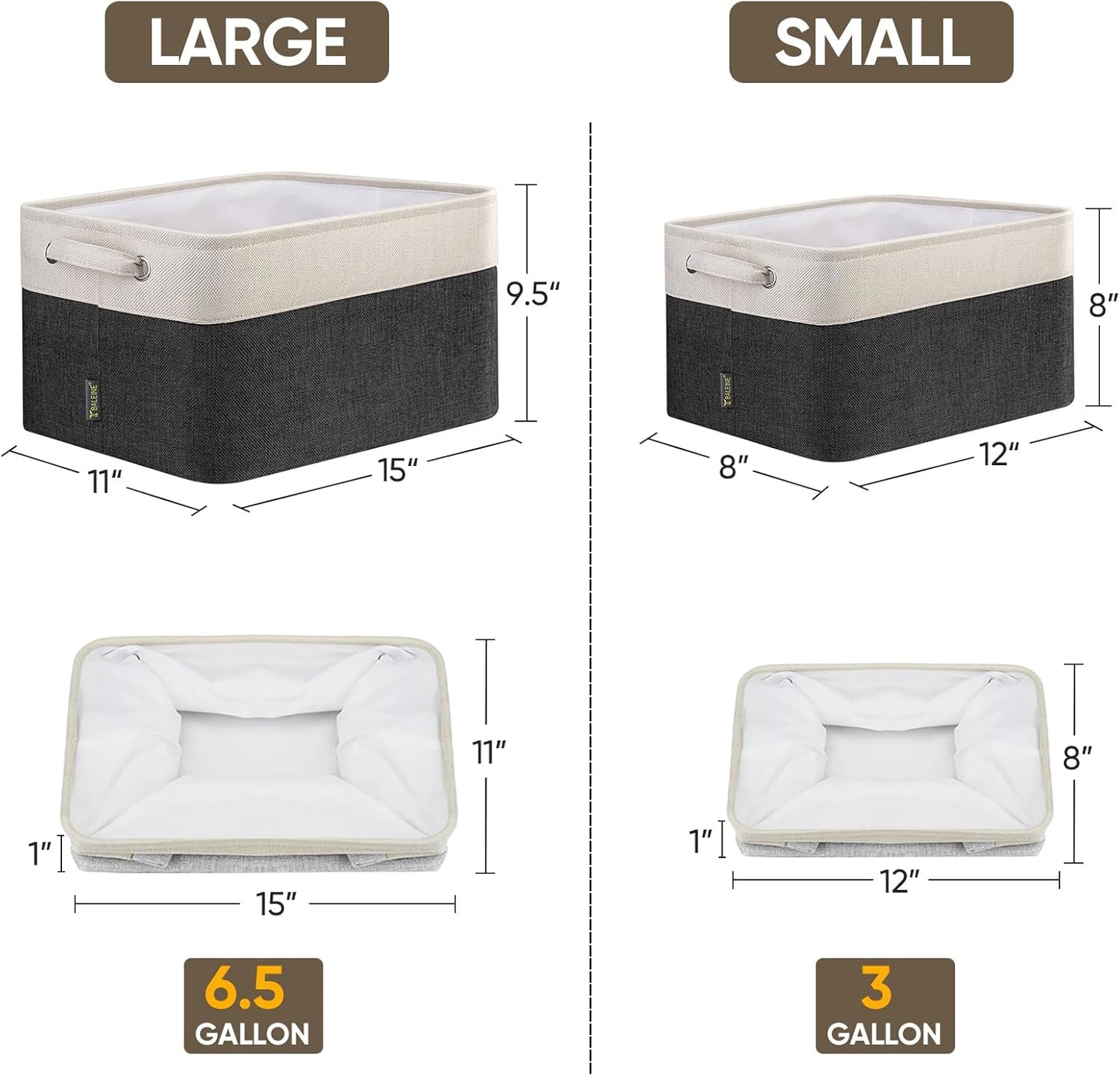 BALEINE 3 Pack Fabric Storage Bins for Shelves, Linen Storage Baskets for Organizing, Decorative Closet Bins for Clothes, Home (Black, 15"x11"x9.5")