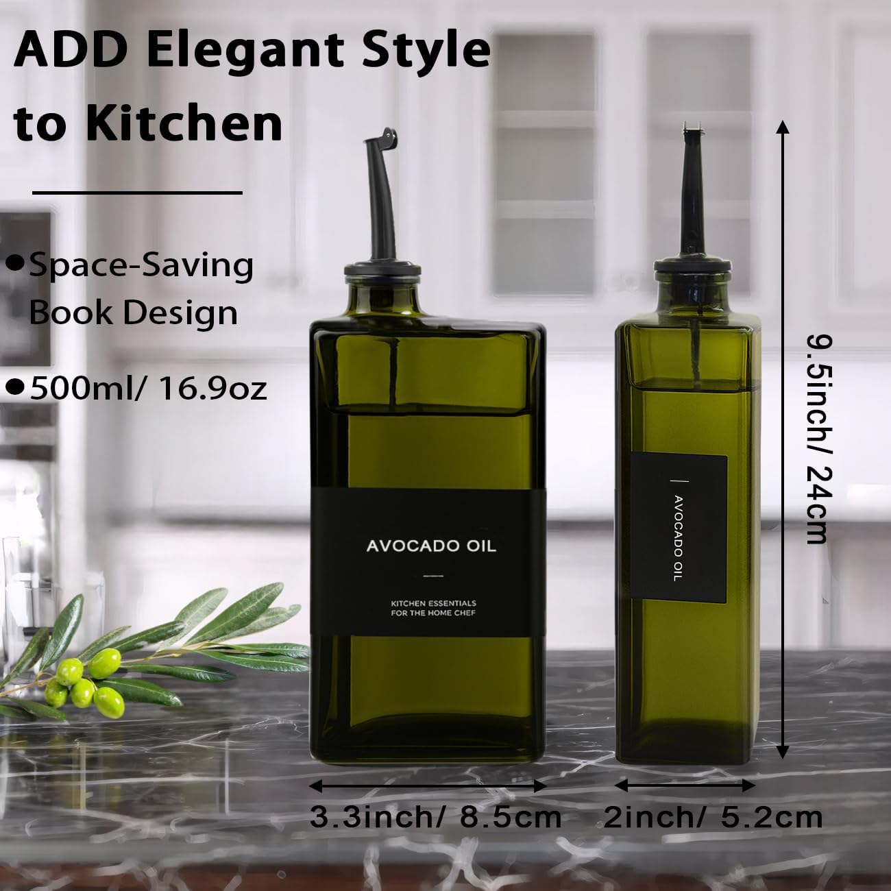 Olive Oil Dispenser Bottle for Kitchen 16.9oz, UV-Blocking Oil and Vinegar Dispenser Set, Leakproof Oil Container for Home, Restaurant (Green, Set of 4)