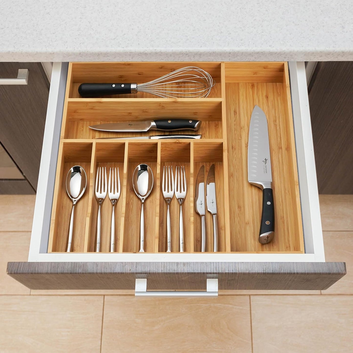 Umilife Large Kitchen Drawer Organizer, 19"x20" Silverware Utensils Organizer, 2.5" High for Large Deep Drawers, Bamboo Flatware Holder with Thick Frames, Sturdy Kitchen Organization Tray
