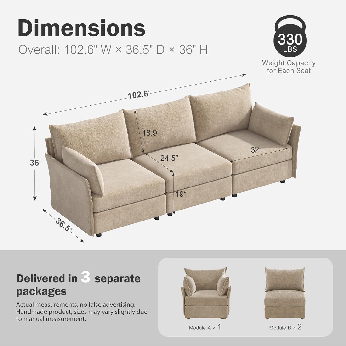 102.6" Modular Sectional Sofa, Oversized 3-Seater Couch with Removable Beige Chenille Fabric Cover, Deep Seat & High Backrest for Living Room, Office & Apartment