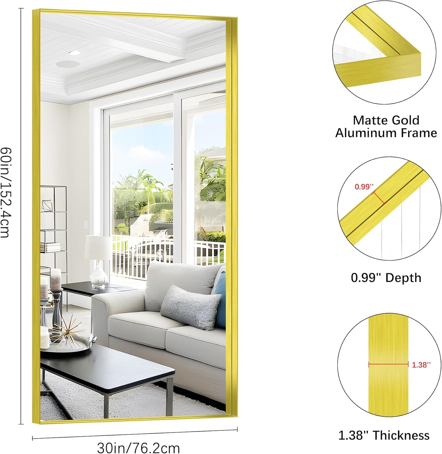 Gold Bathroom Mirror, 30x60 Inch Rectangular Deep Frame Mirror, Large Wall Mounted Bathroom Vanity Mirror Over Sink for Bedroom,Restroom, Living Room, Hangs Vertically or Horizontally