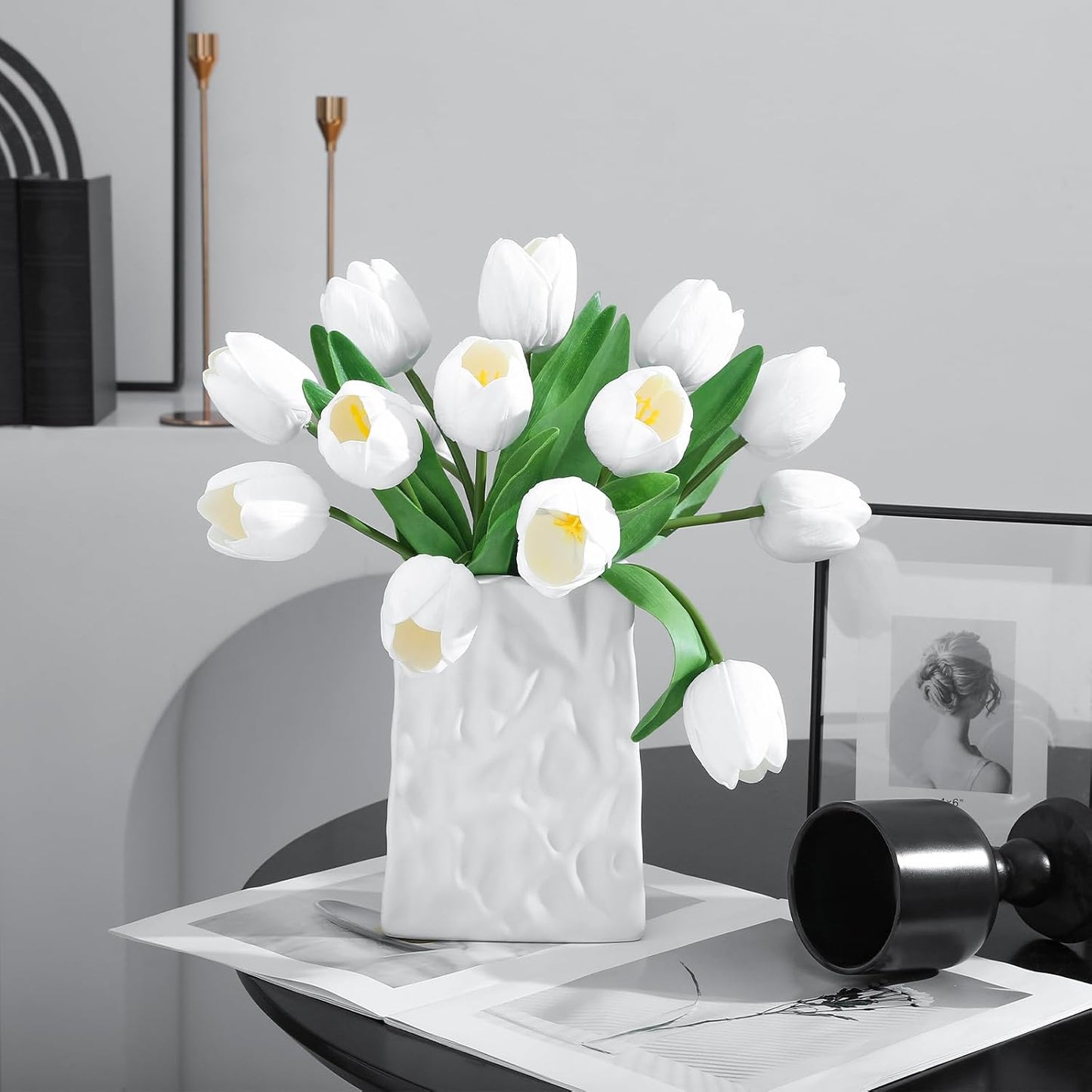 White Artificial Tulips, 2 Bundles 14Pcs, Fake Tulips Artificial Flowers, 2 x 2.4 Inch Large Flower Head Big Tulip, Easter Valentine's Day Mother's Day Home Decoration Flowers
