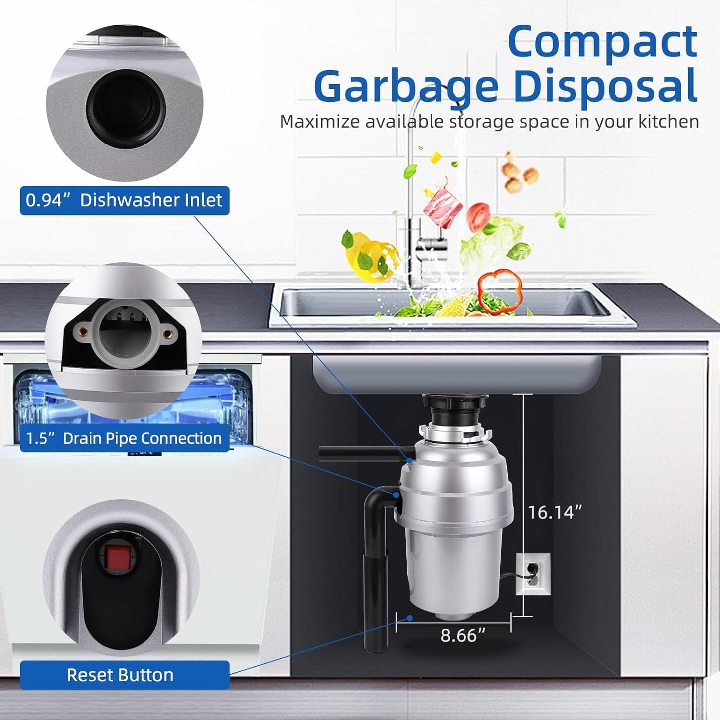 Powerful 3/4HP Stainless Steel Garbage Disposer, Dishwasher-Friendly and Continuous Feeding Waste Disposer, Grinding Material Four-Stage Grinding, Silver