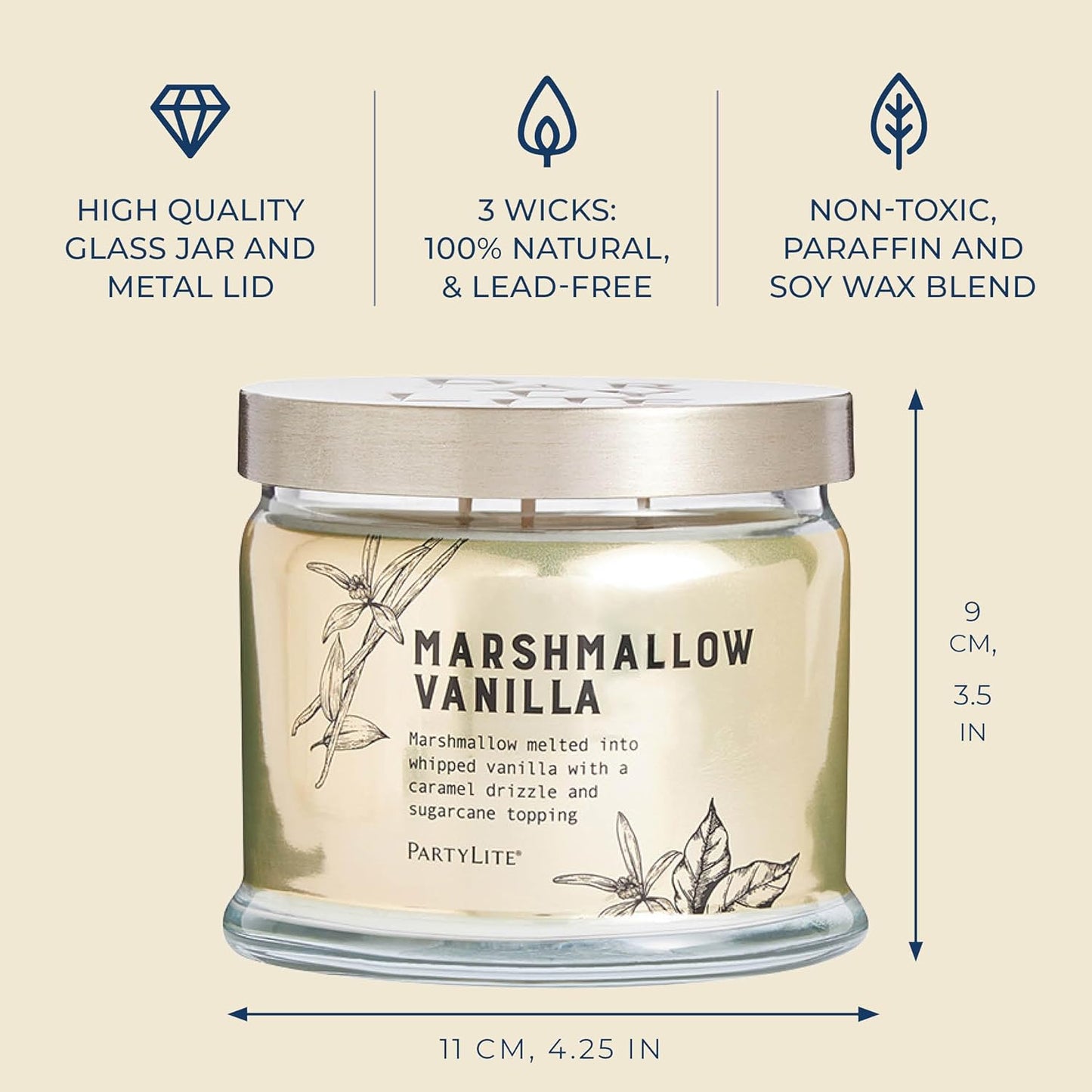 PartyLite Marshmallow Vanilla Scented with Caramel & Sugarcane Notes, 13.2oz 3-Wick Jar Candle, 45 Hour Burn Time, Luxurious Fragrance, Ideal for Gifting