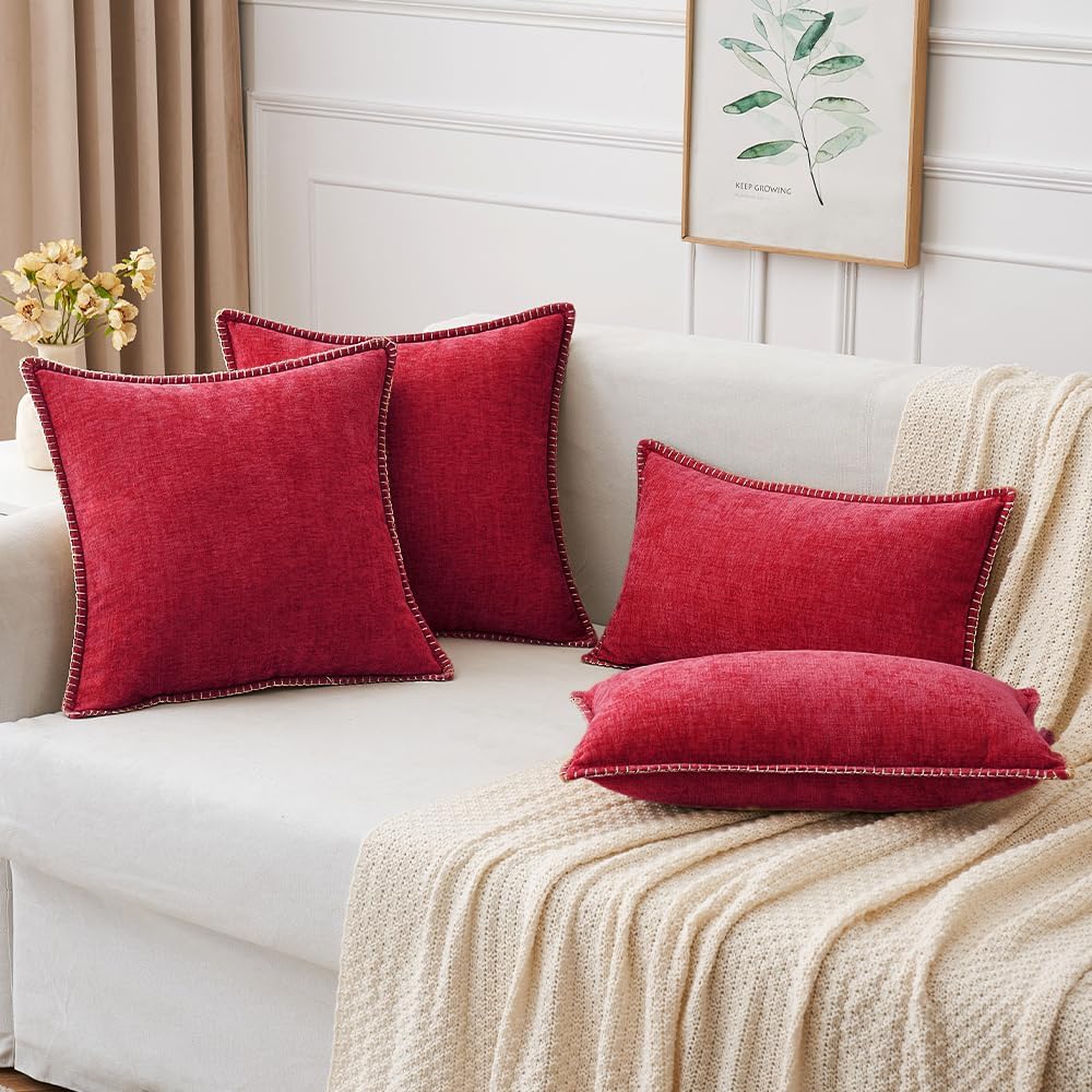 MIULEE Pack of 2 Christmas Pillow Covers 12x20 Inch Red Farmhouse Decorative Throw Pillow Covers with Stitched Edge Soft Chenille Solid Dyed Couch Pillow Covers for Sofa Bed Living Room