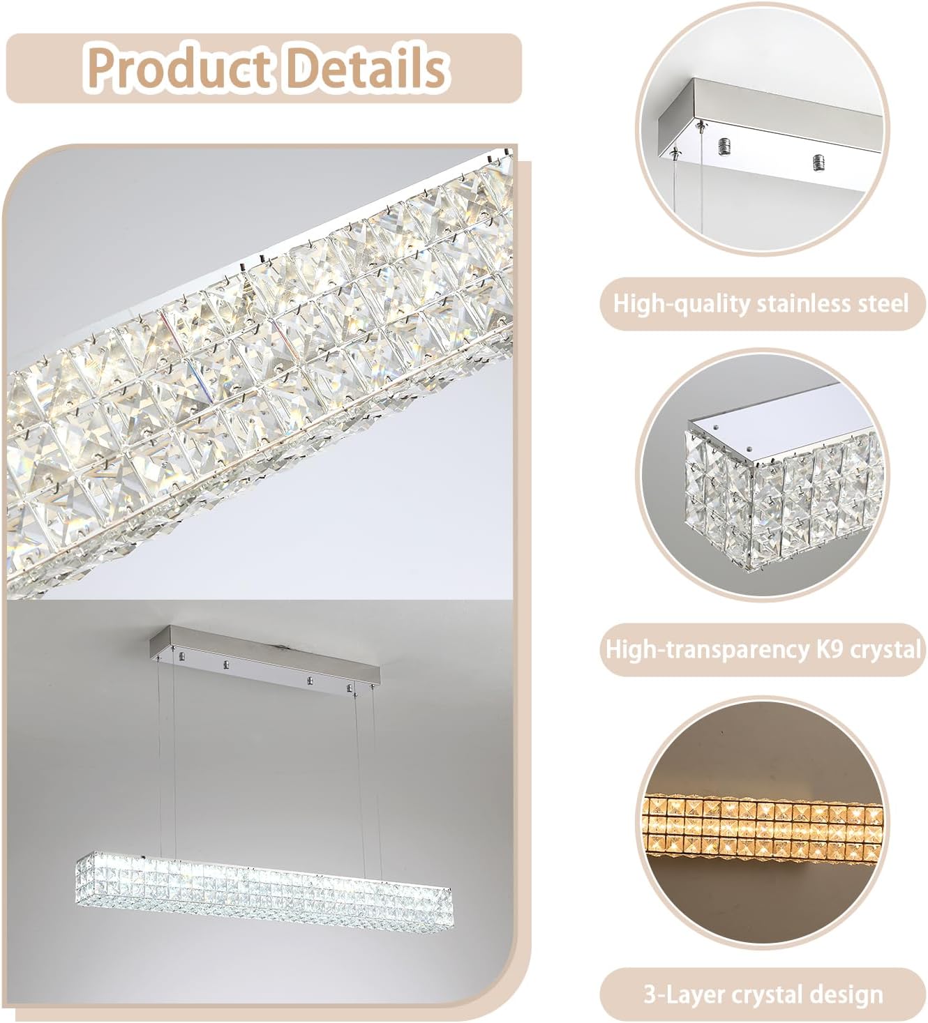 Modern Crystal Chandelier Silver Rectangular Crystal Chandelier Contemporary Linear Pendant Ceiling Light Fixture for Living Dining Room Kitchen Island (L 40")