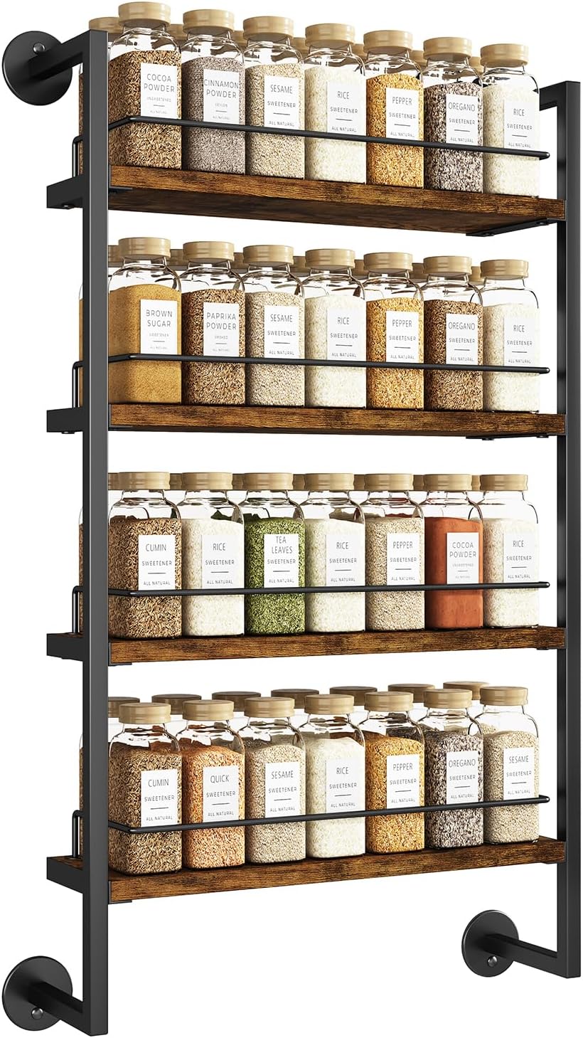 IBUYKE Spice Rack Wall Mount,4 Tier Hanging Seasoning Organizer,Large Spice Rack for Wall for up to 50 Jars,Spice Organization for Kitchen Cabinet,Bathroom,Pantry,Living Room,Brown TLJ016H