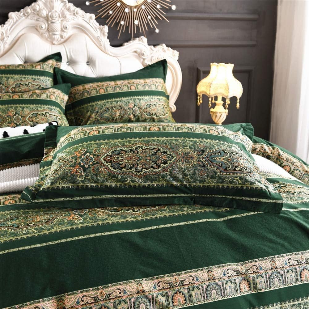 ABREEZE Bohemian Vintage King Size Floral Cotton Bedding Set 3Pcs Duvet Cover Set Boho Green Paisley 100% Egyptian Brushed Cotton Reversible Home Bedding Collection