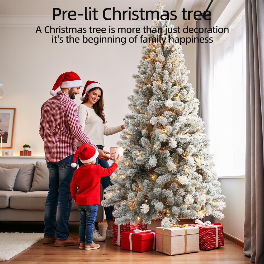 Prelit Christmas Tree with Lights 9ft,Premium Snow Flocked Artificial Xmas Tree, with 2270 Branch Tips and 900 Warm Lightsm,Support Automatique,Perfect Choice for Christmas Decorations,White