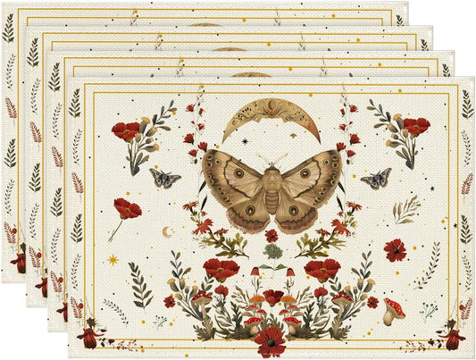 Artoid Mode Beige Poppy Moth Moon Placemats Set of 4, 12x18 Inch Floral Spring Table Mats for Outdoor Home Party Kitchen Dining Decor