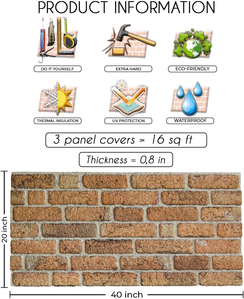 IZODEKOR 3D Wall Panels Brick Effect - Cladding, Stone Look, Styrofoam Facing for Living Room, Kitchen, Bathroom, Balcony, Bedroom, Back of Counter | The Telegraph Road (3 Piece Panel) | Covers 16sqft