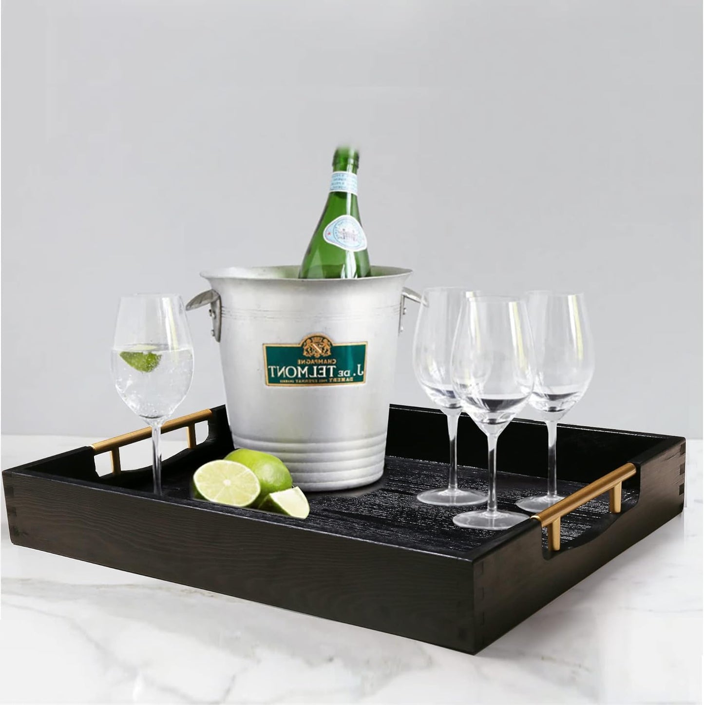 LotFancy Wood Serving Tray, 17x13”, Large Ottoman Tray with Metal Handles, Decorative Wooden Tray for Living Room, Ottoman, Coffee Table, 2 Skidproof Coasters Included, Black