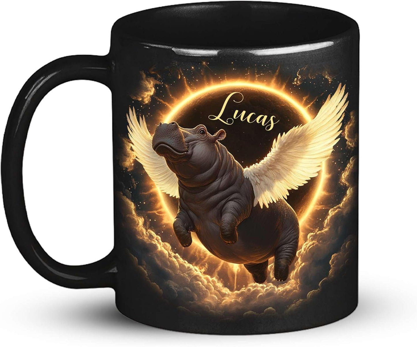 Personalized Choose Name Coffee Mug, Custom Hippo Ceramic Coffee Cup 11oz 15oz, Fantasy Animal Black Cup for Kids, Custom Whimsical Hippo with Wings Mug, Gifts for Holiday