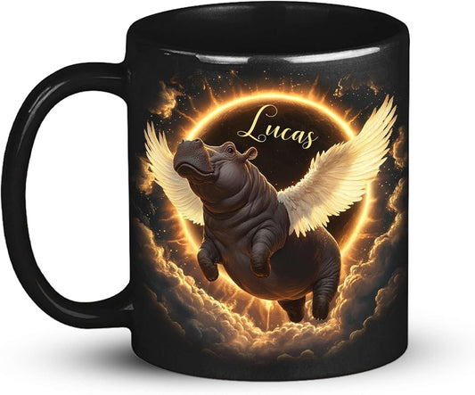 Personalized Choose Name Coffee Mug, Custom Hippo Ceramic Coffee Cup 11oz 15oz, Fantasy Animal Black Cup for Kids, Custom Whimsical Hippo with Wings Mug, Gifts for Holiday