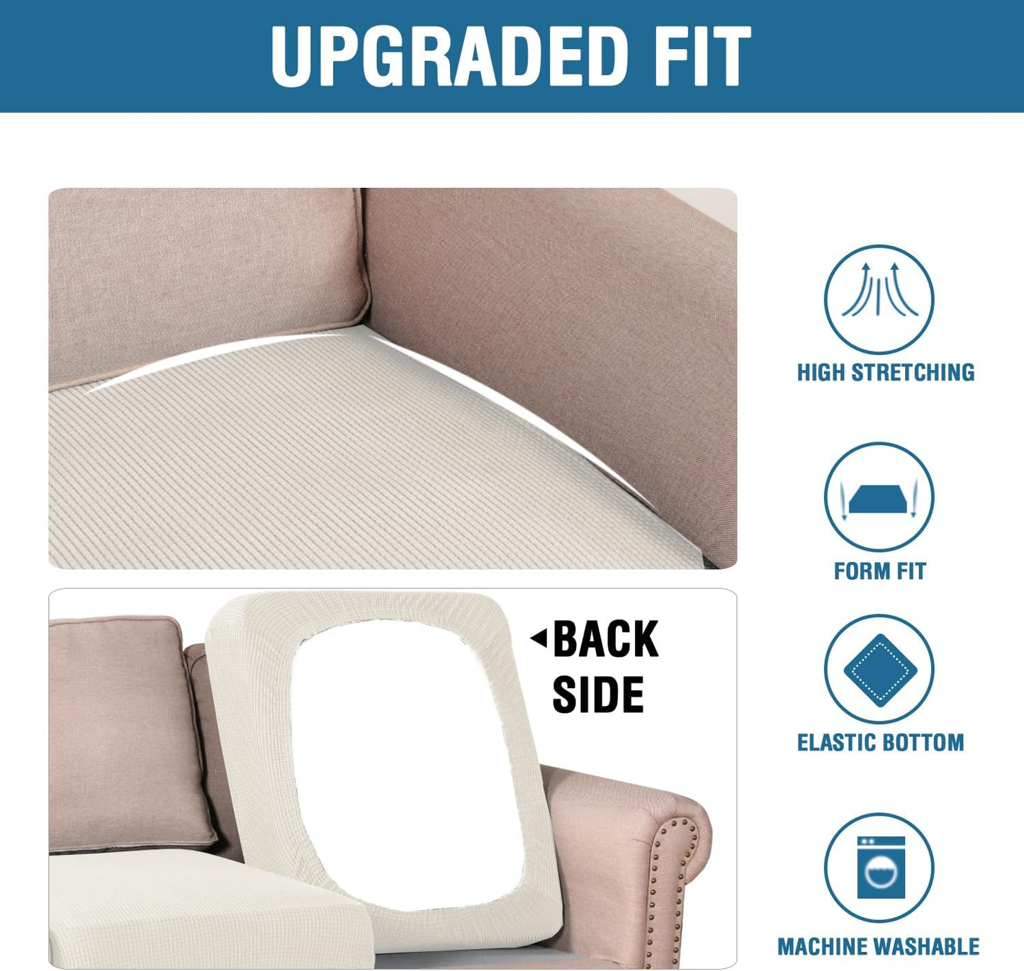 H.VERSAILTEX Super Stretch Individual Seat Cushion Covers Sofa Covers Couch Covers Slipcover Sets Thick Jacquard Textured Twill Fabric (3 Piece XL Sofa Cushion Covers, Porcelain)