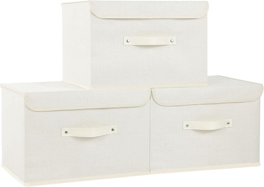 Fabric Storage Bins Cube Organizers with Flip-Top Lid and Handles,Storage Boxes for Organizing Home,Office,and Closet,Beige,3 Pack 15 x 9.8 x 9.8 in