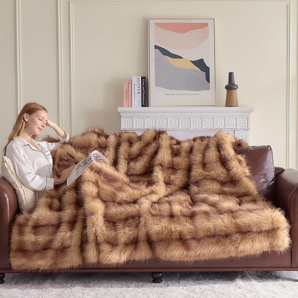 Fluffy Faux Fur Throw Blanket – Super Soft Warm Thick Plush Blanket for Bed, Couch & Office, Cozy Fuzzy Throw with Flannel Backing,90"x90", Brown
