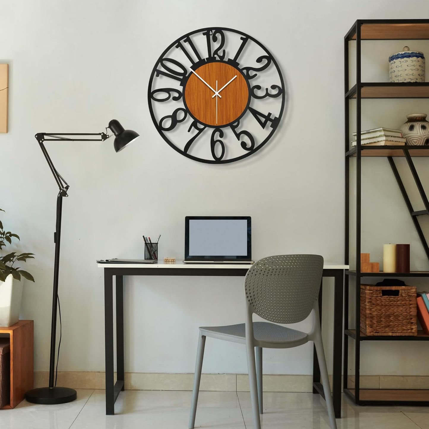 Maxstar Round Wall Clock for Living Room Decor Battery Operated Non Ticking Black Metal Wood Clocks for Home Living Room Garden Office Kitchen Decoration -20 inch