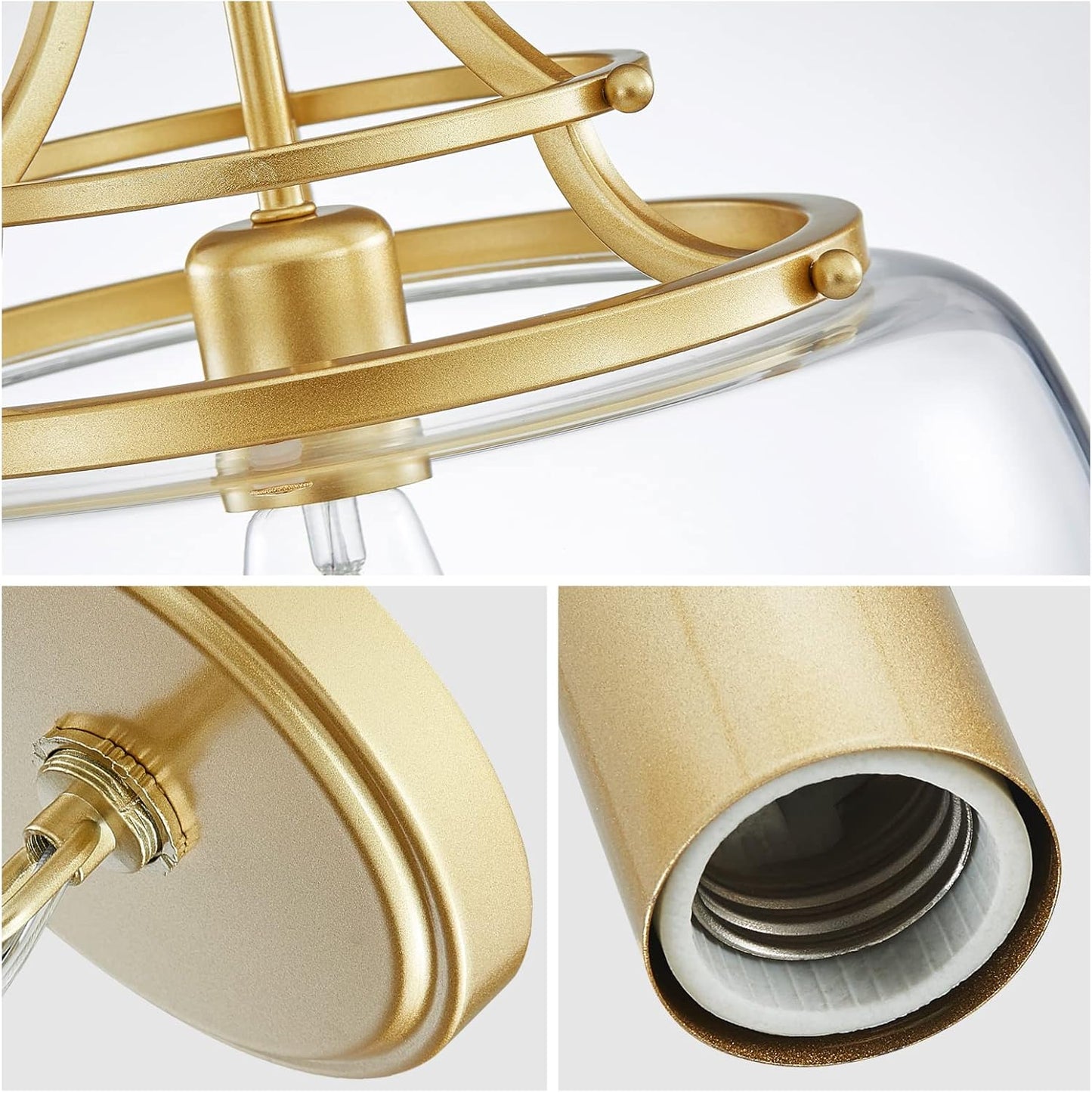 WUZUPS Chandelier Rustic Farmhouse Industrial Round Ceiling Pendant LED Light Fixture with Clear Glass Shades for Dining Room Kitchen Island Foyer Entryway, H 17" x W 13.4", E26 Base, Gold