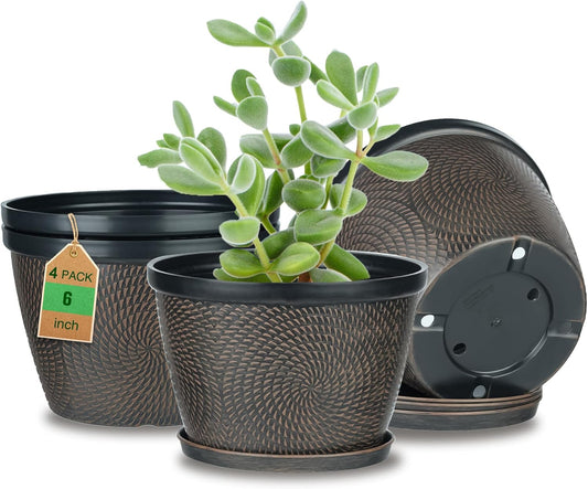 Quarut 4 Pack 6 Inch Flower Pots for Outdoor Indoor, Plastic Plant Pots with Drainage Hole & Saucer, Lightweight Small Flower Pot, Circle Pattern Planters for Garden House planters（Black Copper）