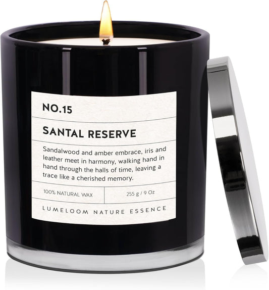 Santal Reserve Luxury Scented Candles, 9oz Soy Wax Candles for Home Scented, Sandalwood, Amber, Iris & Leather Scent, Long Burning Time, Gifts for Women, Men, Sister, Teacher