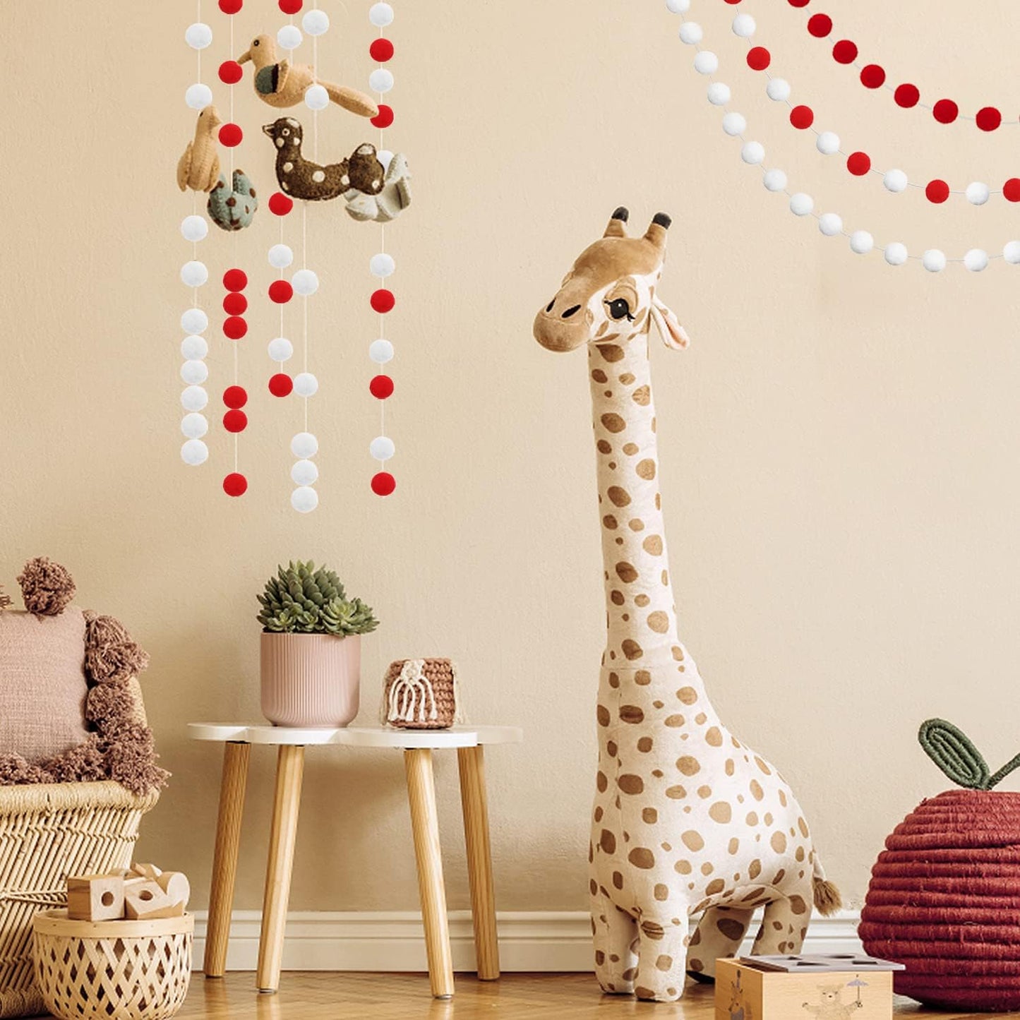 Jishi 3Pk Red Felt Berry Pom Pom Ball Garland Christmas Decorations Indoor Home Decor, Cute Red Berry Christmas Tree Ornaments, String of Pompom Bead Garland Hanging Xmas Holiday Birthday Party Banner