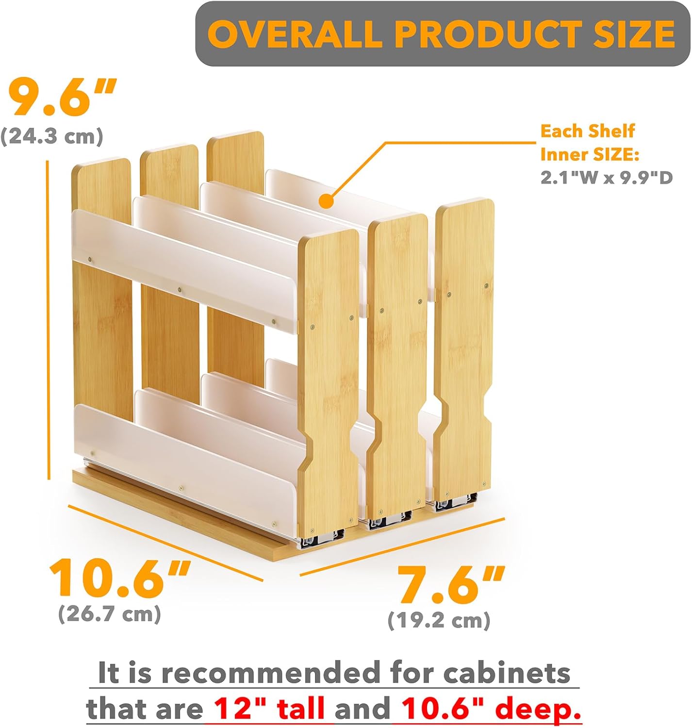 SpaceAid Bamboo Pull Out Spice Rack Organizer for Cabinet, Heavy Duty Slide Out Seasoning Kitchen Pantry Sliding Vertical Organization, 7.6" Wide, 3 Drawers(2" Wide), 2-Tier, Natural