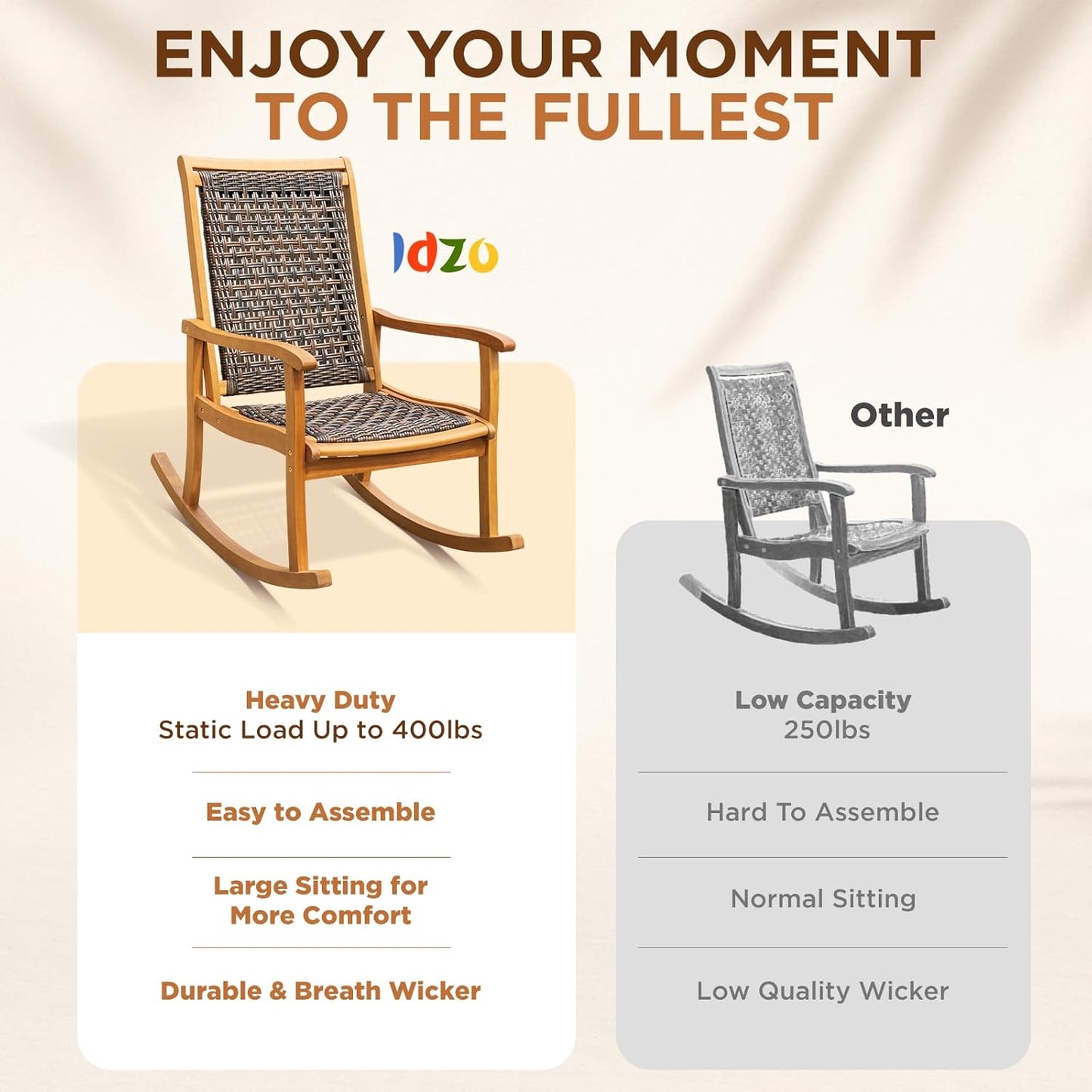 IDZO Wood Wicker Rocking Chair, 400 lbs Capacity, Durable Eucalyptus Wood, Natural Finish, Comfortable Curvy Design, Ideal for Deck, Patio Furniture, and Outdoor Furniture Accent Chair