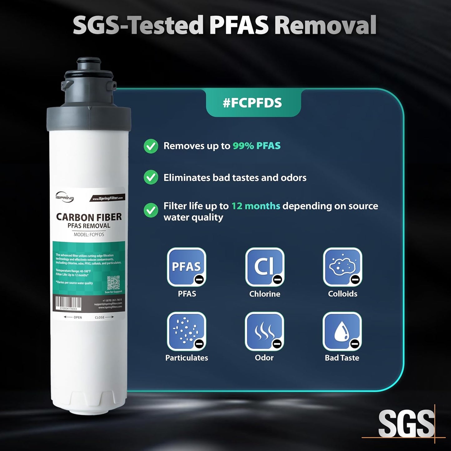 iSpring SGS-Tested PFAS Removal Carbon Block Replacement Water Filter Cartridge FCPFDS for DS4 Series
