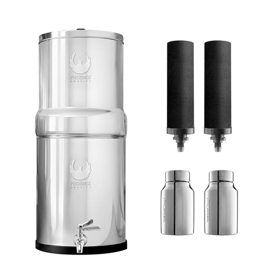 2.25 Gallons NSF Certified AISI 304 Stainless Steel Water Filter with 2 Smart Carbon (Black) Filters, 2 POSTreat Steel Fluoride Removal Elements & Free Stainless Steel Spigot
