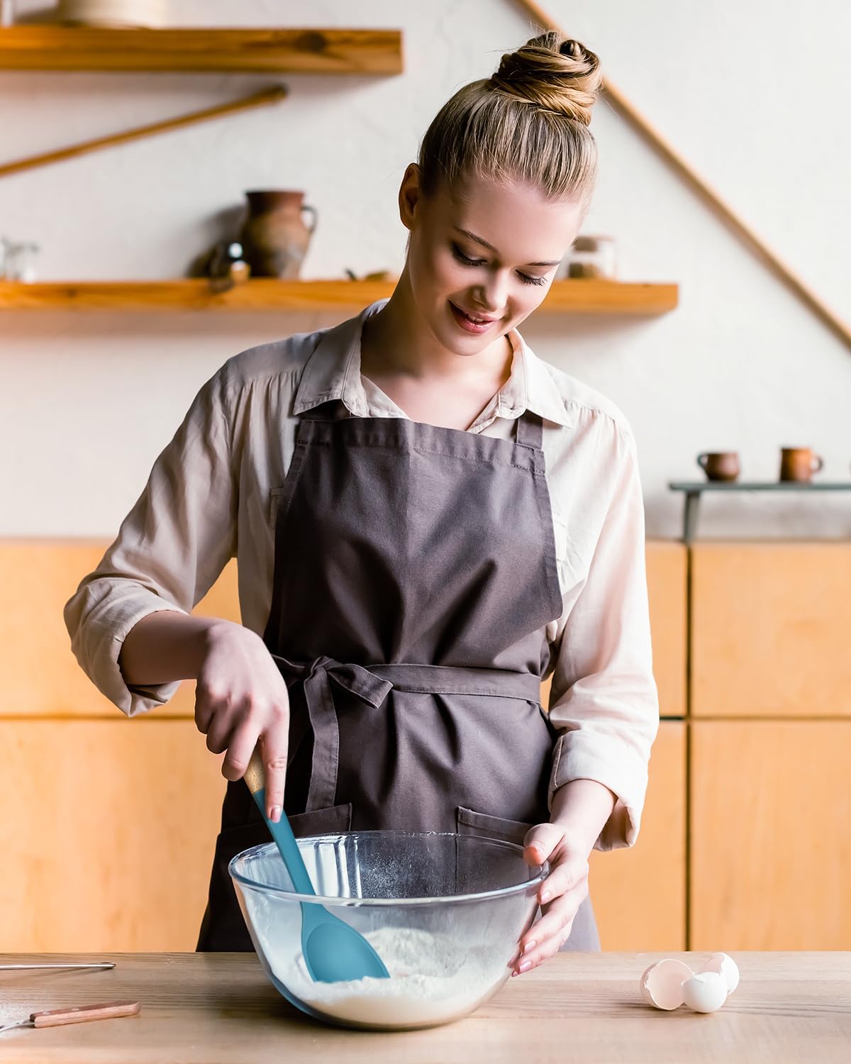 Silicone Cooking Utensils Set, Perfectly Angled for Frying, Mixing,Serving,Draining,Turning and Stirring, BPA-Free Matte Silicone, Wood Handles, Safe for Nonstick Cooking Surfaces,4 Pack (Blue)