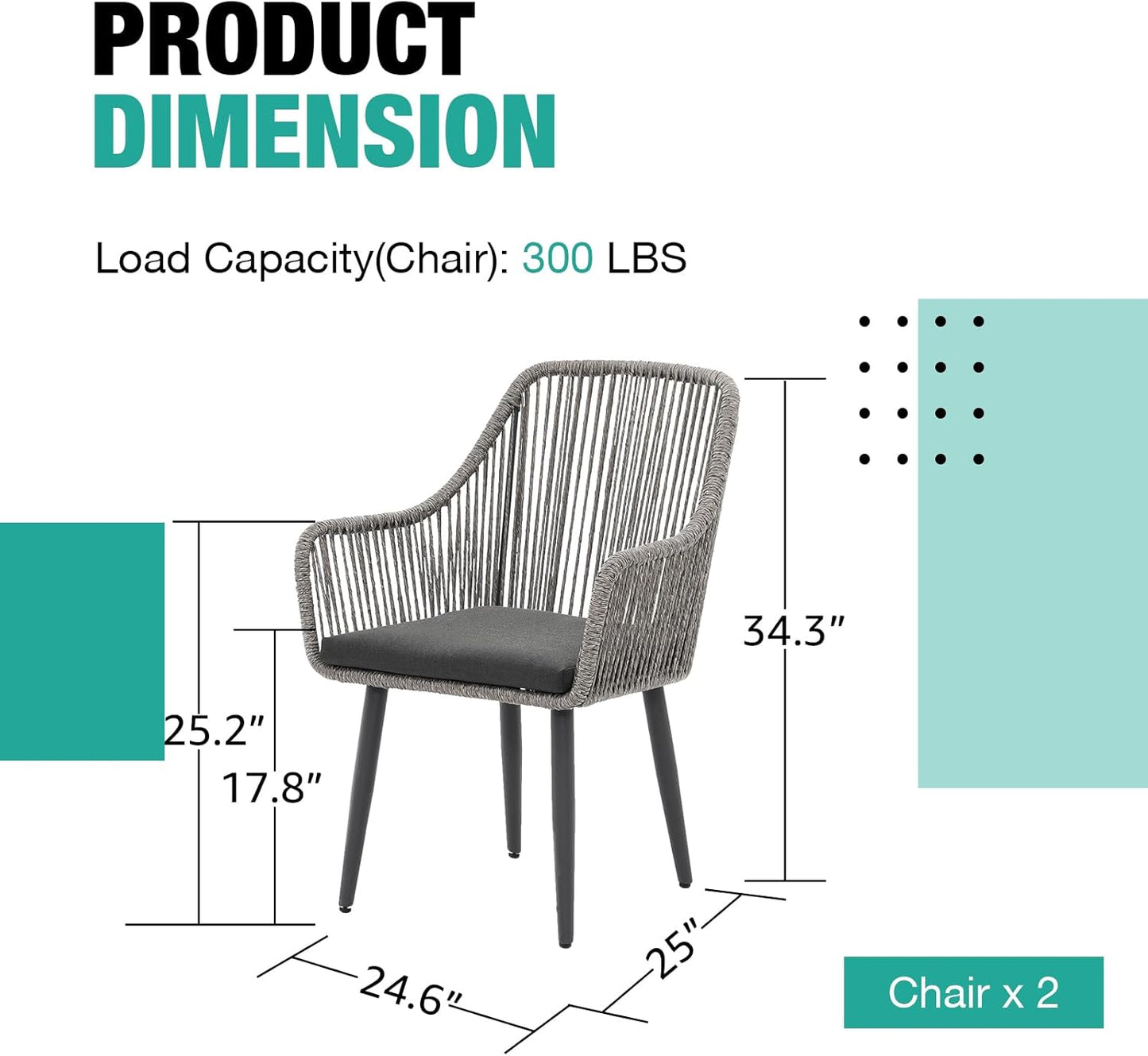 Patiorama Outdoor Dining Chairs, Patio Dining Chair Set of 2, All-Weather Woven Rope Rattan Chairs, Outdoor Dining Wicker Chairs with Armrests for Indoor Balcony Pool Backyard(Gray)