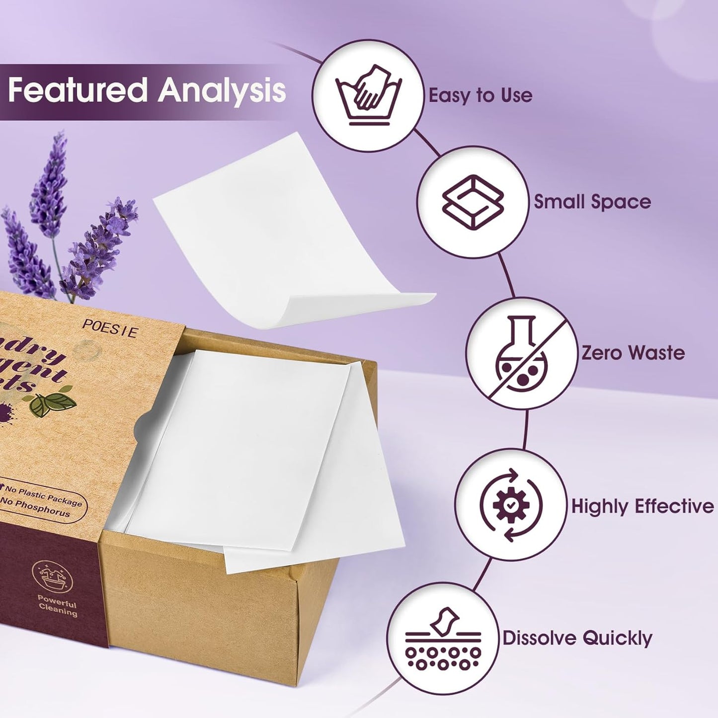 Poesie Laundry Detergent Sheets Lavender Scent 160 Sheets 80 Large Loads Soap Sheets Eco-Friendly Zero Plastic Hypoallergenic Portable Green Package Liquid Less HE Washing Detergent Strips for Save Place Traveling No Waste