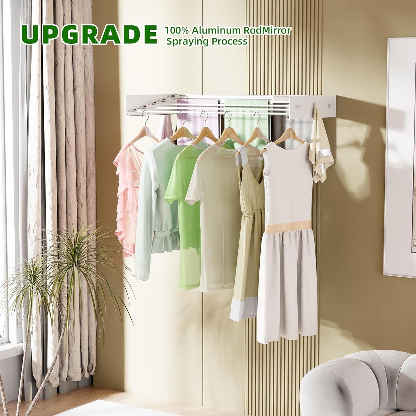 Wall Mounted Drying Rack for Laundry 31.5'', Folding Drying Rack Clothing Wall Mount with 5 Rods and 6 Hooks, Space Saving for Indoor Outdoor Bathroom Balcony (White, 31.5'')